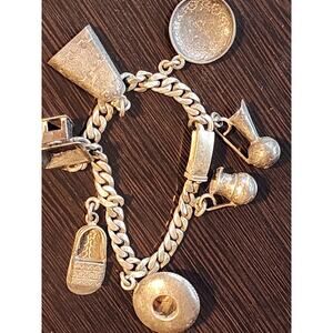 Vintage Mexican Sterling Silver Charm Bracelet: 7 Charms,7-Inch Antique Band
